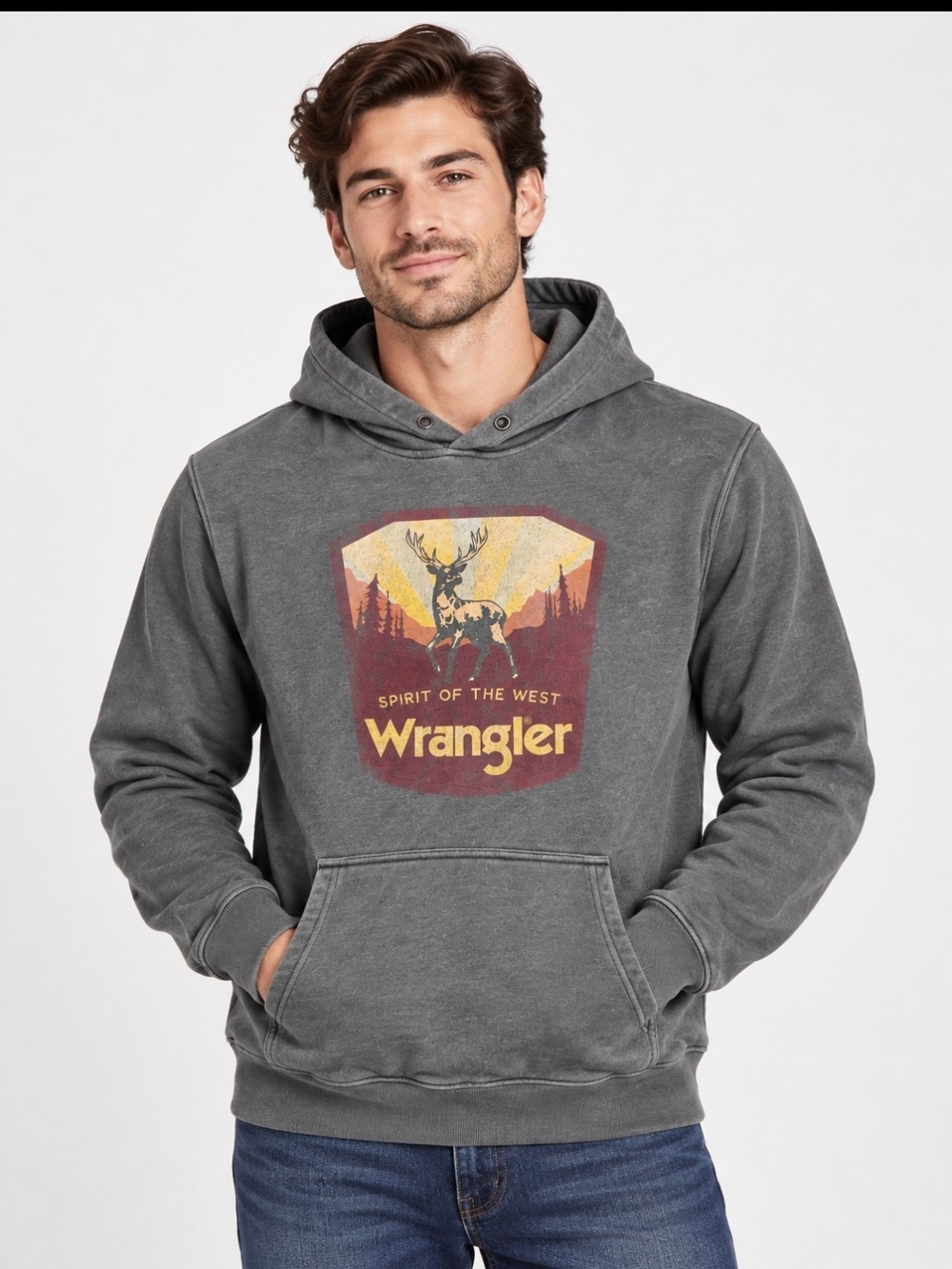 Wrangler Men's Gray Hoodie with Vintage Deer Graphic